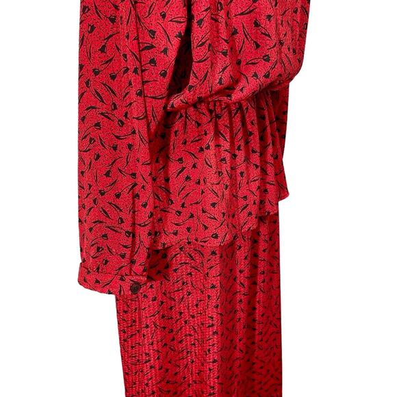 Vintage 1980s Red & Black Handmade Chiffon Blouson Secretary Dress Size 8 Medium - Picture 2 of 11